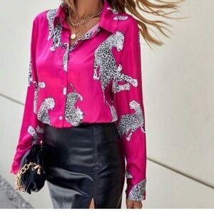 Luxe Hot Pink Leopard Print Button Down Shirt